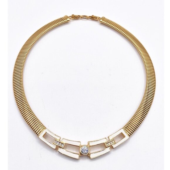 Vintage Christian Dior Gold Tone Crystal Enamel Collar Choker Necklace Signed - Picture 1 of 6